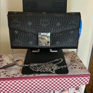 MCM Black Monogram Leather Clutch with Silver Chain